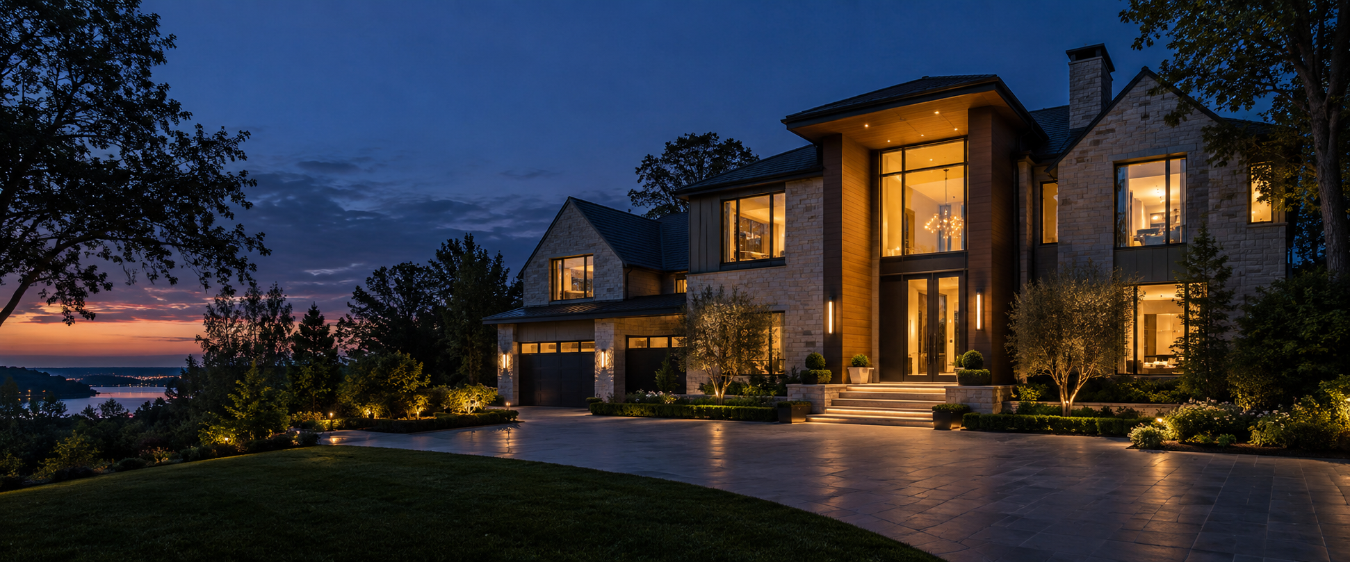 Original concept image of a luxury home at dusk